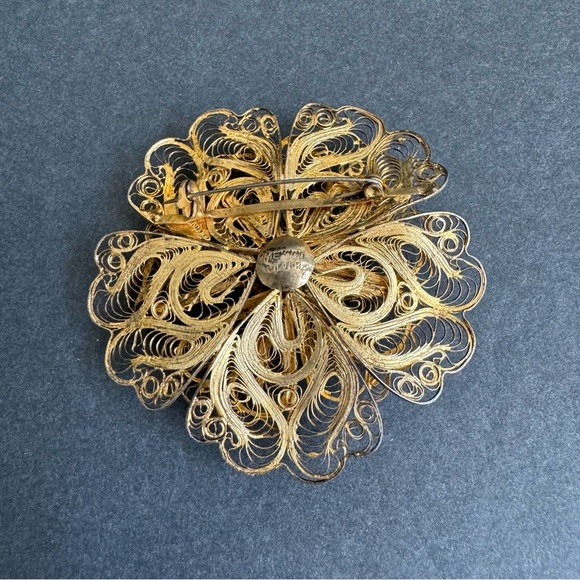 Vintage Sterling Silver Filigree Brooch Large Flower Pin Spun Silver - Picture 5 of 10